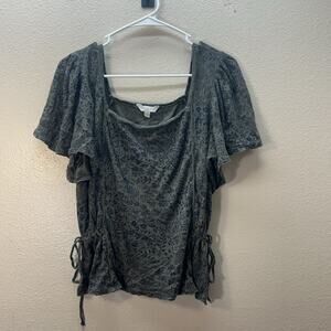 Lucky Brand Top Sz L Green Floral Short Flutter Sleeves Boho Ruched Square‎ Neck